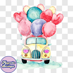 vintage car with balloons and floating hearts png design 165