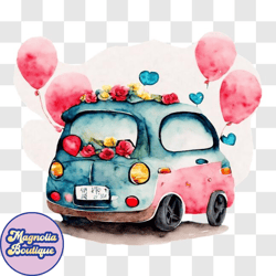 vintage car decorated with balloons and flowers for valentines day png design 170