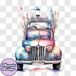 colorful watercolor painting of an old car with skulls and bicycles png design 179