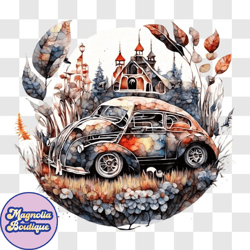 rustic watercolor painting of an old vw beetle png design 183