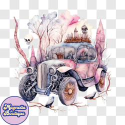 watercolor painting of vintage car with skulls and bones png design 188