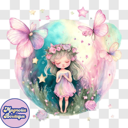 dreamy fairytale moment: cute little girl praying with butterflies and stars png design 198