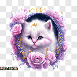 white cat with pink roses png design 253