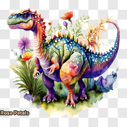 colorful dinosaur standing among flowers and plants png design 278