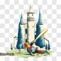 baseball player illustration with castle in background png design 37