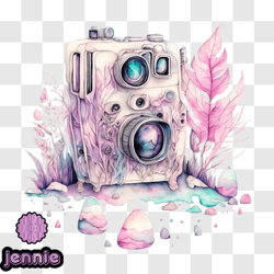 vintage camera with pink flowers and leaves png design 146