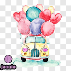 vintage car with balloons and floating hearts png design 165