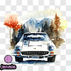 watercolor painting of vintage car in forest png design 162