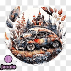 rustic watercolor painting of an old vw beetle png design 183