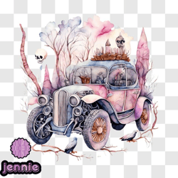 watercolor painting of vintage car with skulls and bones png design 188