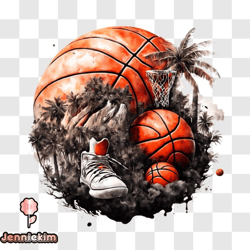 basketball and shoes on grass with palm trees png design 42