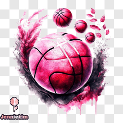 floating pink basketball with watercolor splatters and feathers png design 94