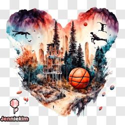 abstract basketball artwork with birds and trees png design 96