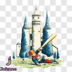 baseball player illustration with castle in background png design 37