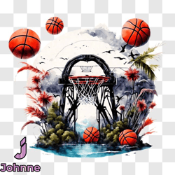 basketball hoop in water with flying basketball png design 101