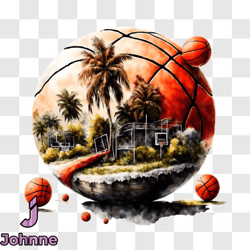 basketball ball floating on water with palm trees png design 110