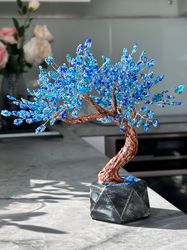 handmade artificial blue bonsai of life home decor inspo | desk accessory | wire sculpture feng shui cherry blossom tree
