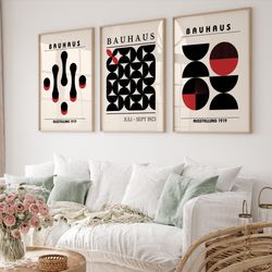 bauhaus exhibition poster set of 3, mid century modern, minimalist print, geometric art, pop culture print, bauhaus wall