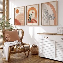 boho wall art set of 3 prints mid century poster set burnt orange prints modern abstract geometric prints bohemian decor