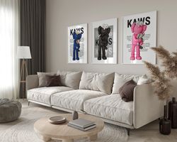 colorful hypebeast toys poster set of 3, pop culture art for streetwear enthusiasts, hypebeast figured printable wall ar