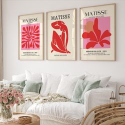 henri matisse set of 3 wall art, gallery wall set, red pink matisse print set, matisse posters, matisse exhibition poste