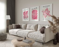 set of 3 pink matisse for gallery wall - henri matisse abstract botanical elegance and exhibition poster