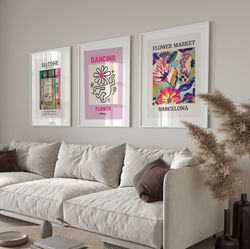 set of 3,matisse print, matisse cutout,flower market print,flower market poster,keith haring print,gallery wall,pink wal