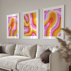 set of 3 retro wavy,colorful wall art,pink electric gallery,preppy vibes abstract art,trendy 70's abstract home decor