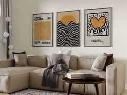 set of 3 sage yellow kusama, keith haring and bauhaus, mustard wall art poster, beige wall art, famous artists