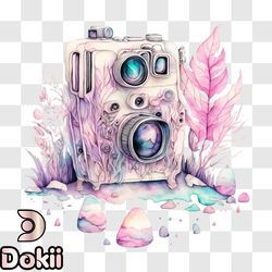 vintage camera with pink flowers and leaves png design 146