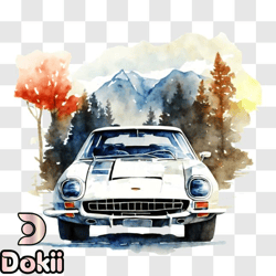 watercolor painting of vintage car in forest png design 162