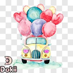 vintage car with balloons and floating hearts png design 165