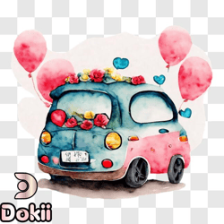 vintage car decorated with balloons and flowers for valentines day png design 170