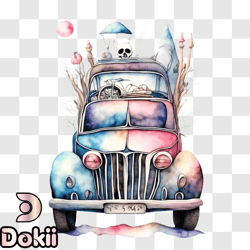 colorful watercolor painting of an old car with skulls and bicycles png design 179