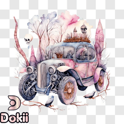 watercolor painting of vintage car with skulls and bones png design 188