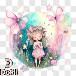 dreamy fairytale moment: cute little girl praying with butterflies and stars png design 198