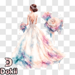 watercolor illustration of elegant bride in wedding dress with colorful flowers png design 218