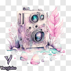 vintage camera with pink flowers and leaves png design 146