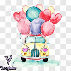 vintage car with balloons and floating hearts png design 165