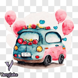 vintage car decorated with balloons and flowers for valentines day png design 170