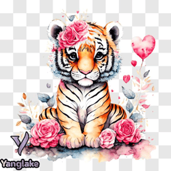 cute baby tiger on floral background png design 202