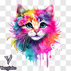 adorable colorful kitten with floral headband png design 204