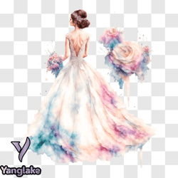 watercolor illustration of elegant bride in wedding dress with colorful flowers png design 218