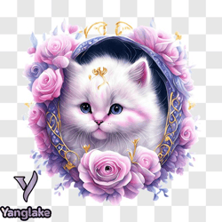 white cat with pink roses png design 253