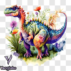 colorful dinosaur standing among flowers and plants png design 278