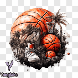 basketball and shoes on grass with palm trees png design 42