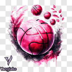 floating pink basketball with watercolor splatters and feathers png design 94