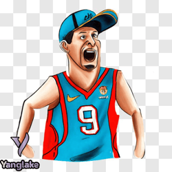 serious man with basketball in blue and red jersey png design 97