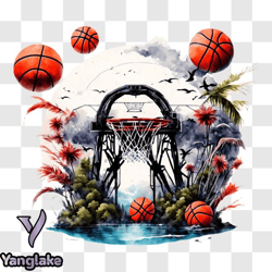 basketball hoop in water with flying basketball png design 101