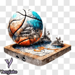 basketball ball floating on wooden box png design 106